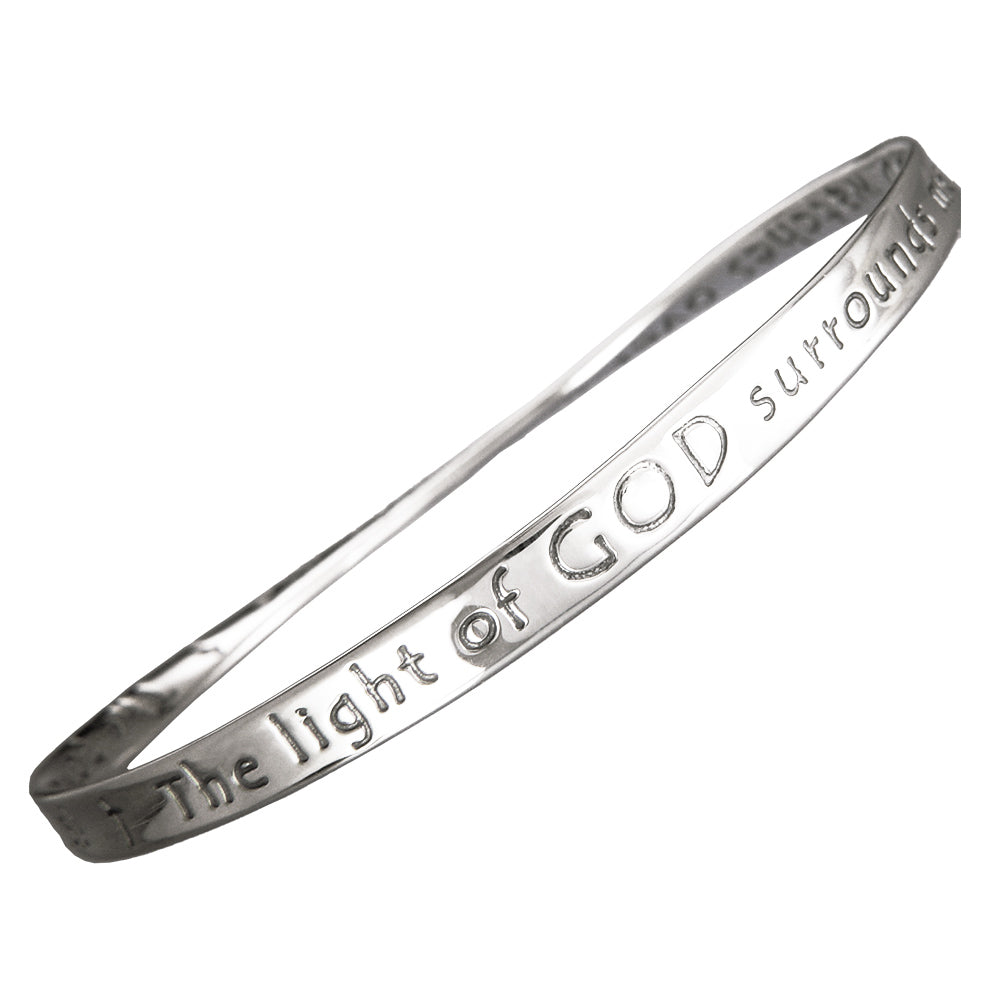 white gold mobius bracelet with prayer inscribed