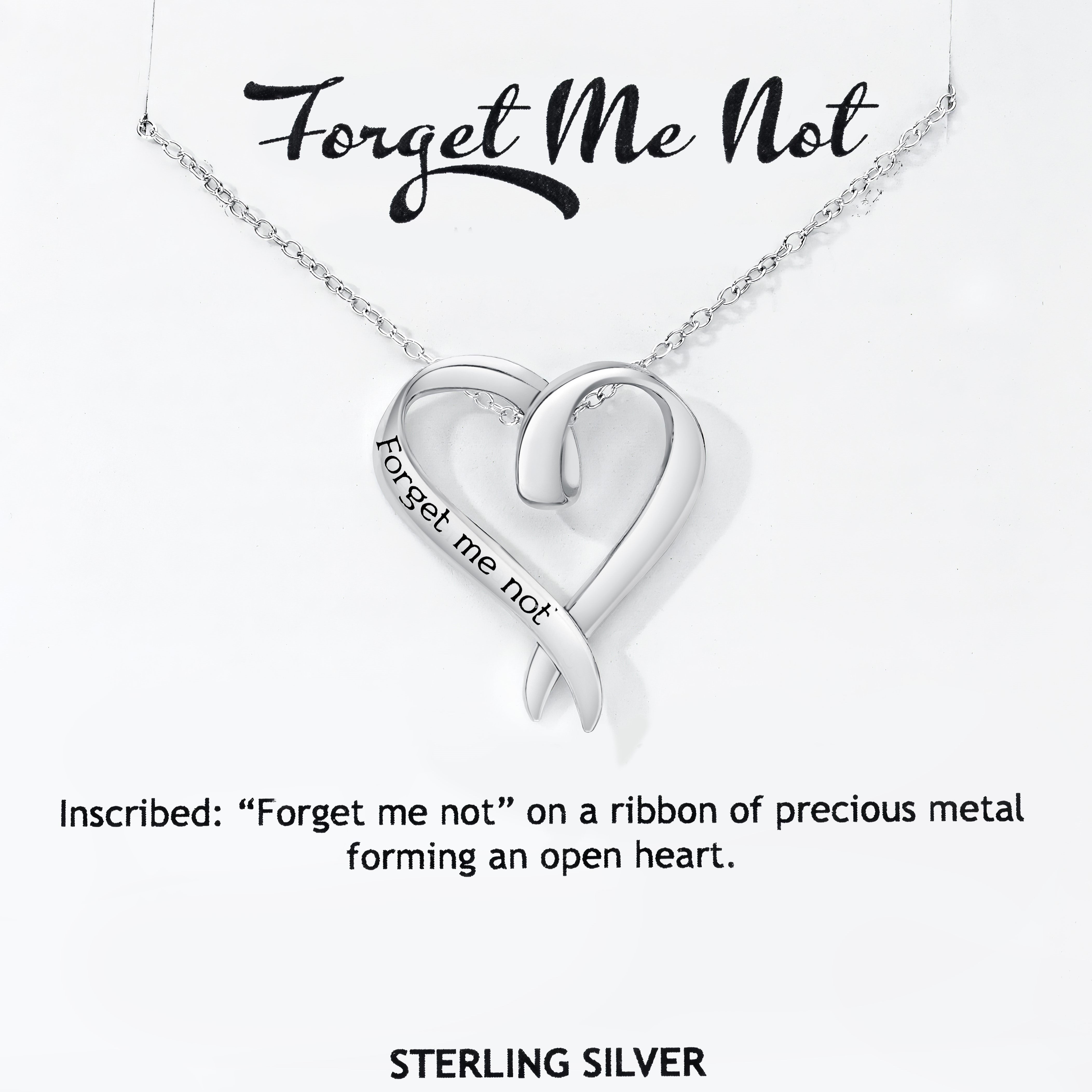 This shows the Ribbon Pendant on a chain on a 3" x 3" card packaging. With the printed title 'Forget Me Not'