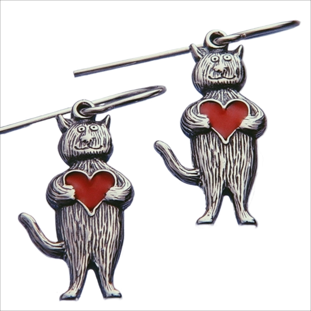 Gorey Heart Cat Sterling Silver Earrings